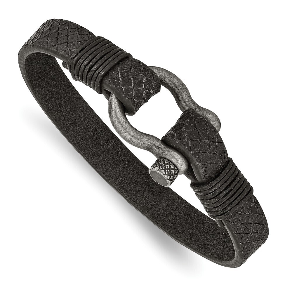 Steel Antiqued White Bronze Plated Shackle Textured Black Leather 8in Bracelet